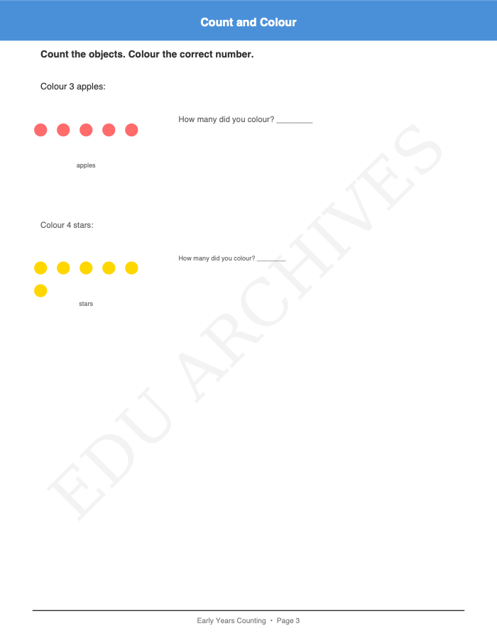 Count, Colour, Circle and Write: Count, Colour, Circle and Write: Page 3: Count and Colour