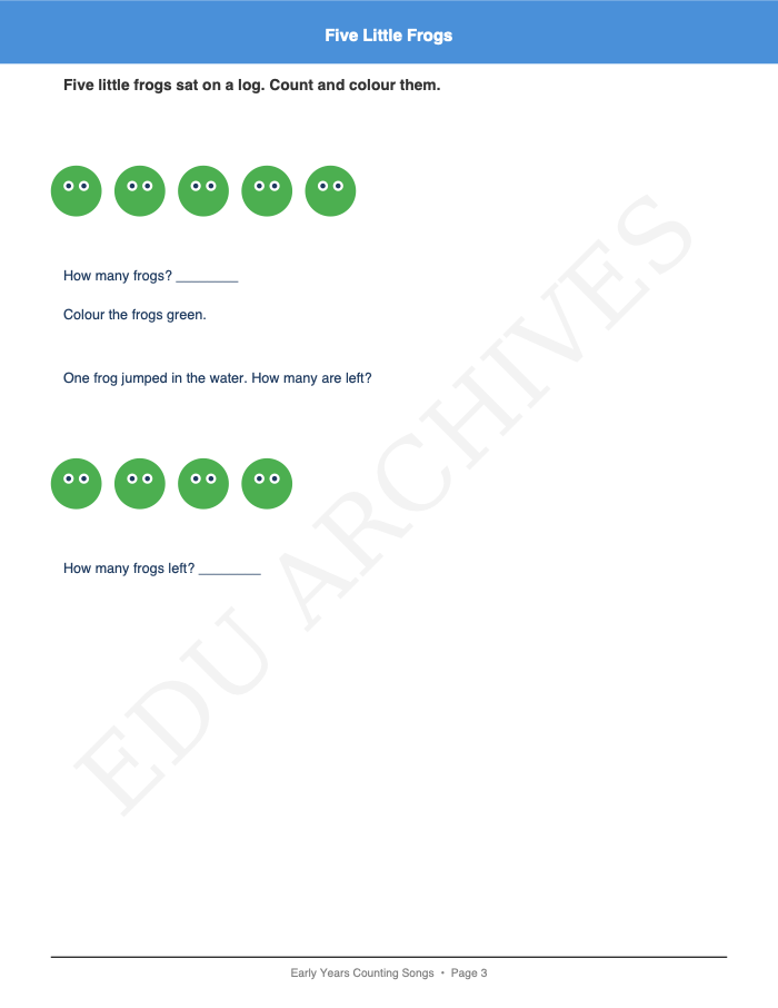 Counting Songs: Counting Songs: Page 3: Five Little Frogs