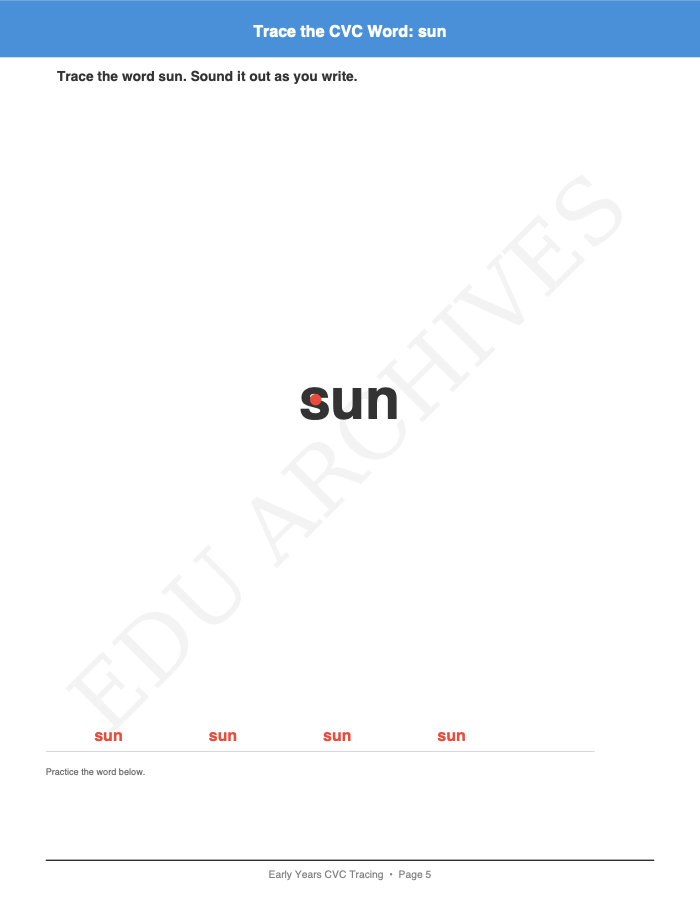 CVC Word Tracing: CVC Word Tracing: Page 5: Trace the CVC Word: sun
