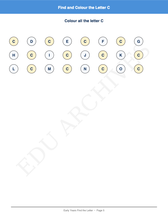 Find and Circle the Letter: Find and Circle the Letter: Page 5: Find and Colour the Letter C