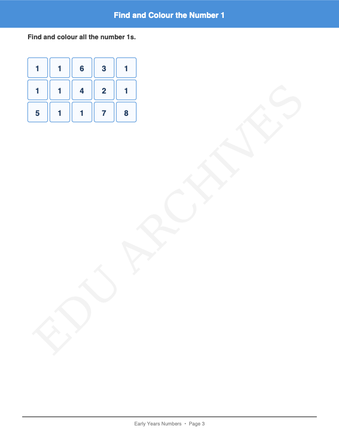 Find and Colour the Number: Find and Colour the Number: Page 3: Find and Colour the Number 1
