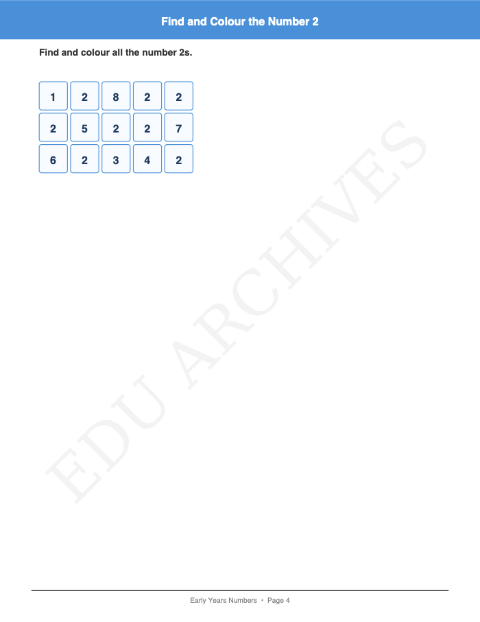 Find and Colour the Number: Find and Colour the Number: Page 4: Find and Colour the Number 2