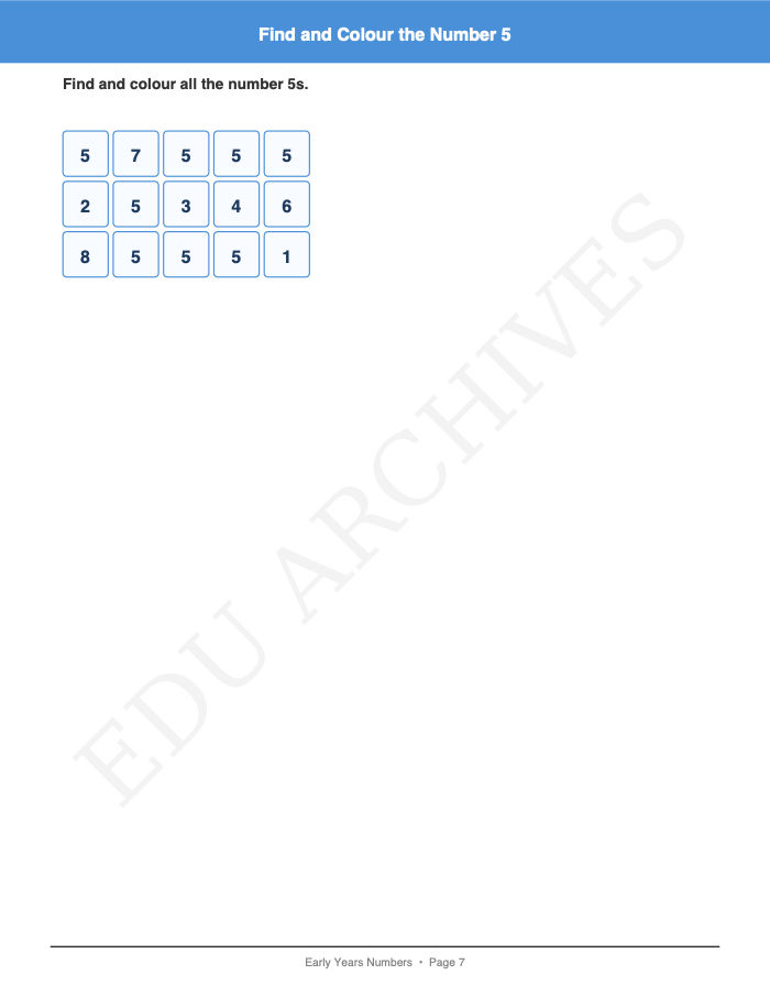 Find and Colour the Number: Find and Colour the Number: Page 7: Find and Colour the Number 5