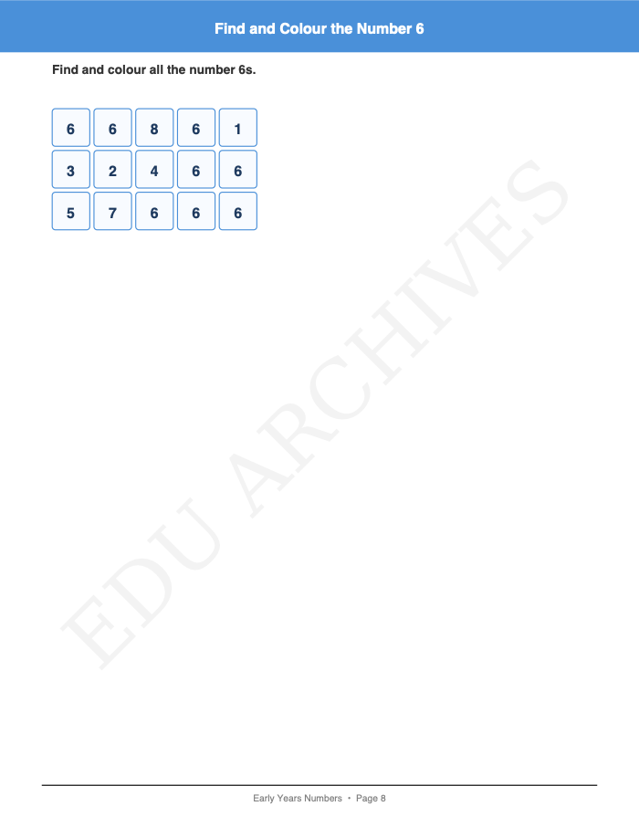 Find and Colour the Number: Find and Colour the Number: Page 8: Find and Colour the Number 6