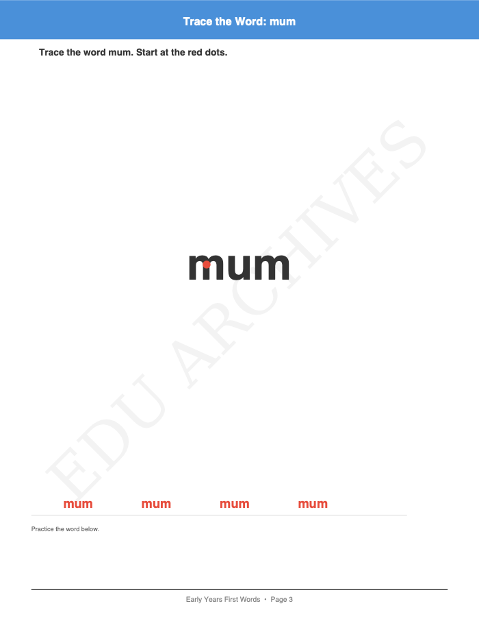 First Words Tracing: First Words Tracing: Page 3: Trace the Word: mum