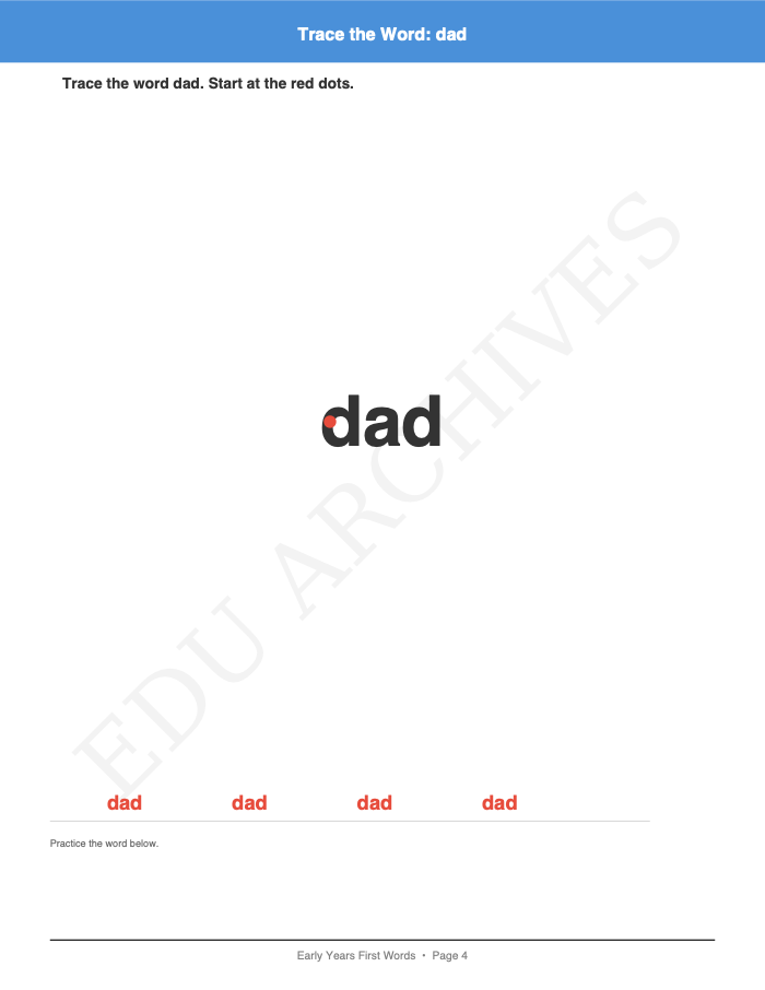 First Words Tracing: First Words Tracing: Page 4: Trace the Word: dad