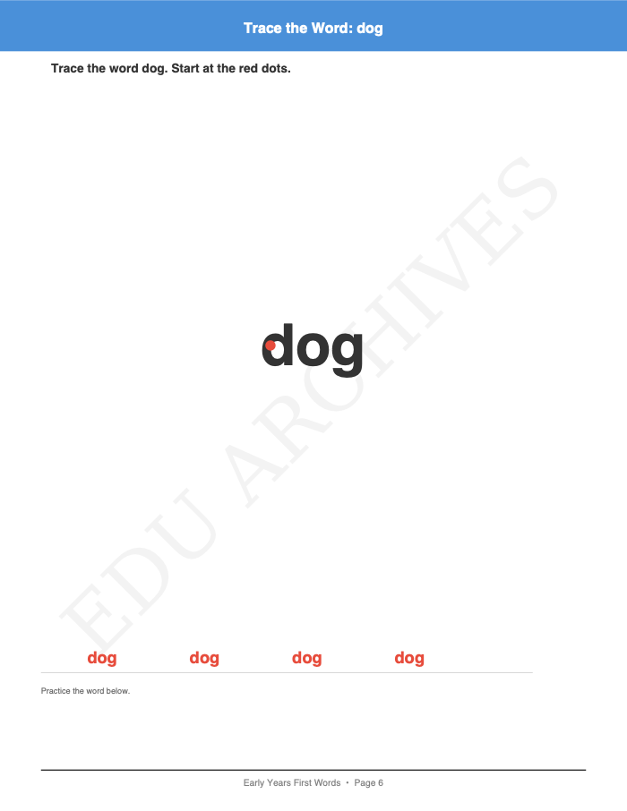 First Words Tracing: First Words Tracing: Page 6: Trace the Word: dog