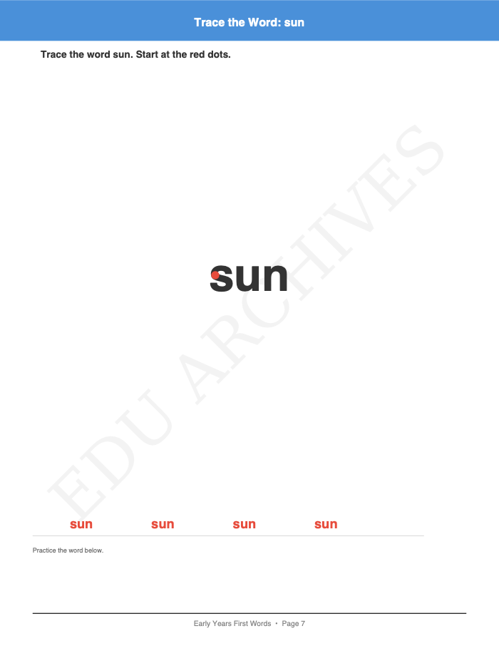 First Words Tracing: First Words Tracing: Page 7: Trace the Word: sun