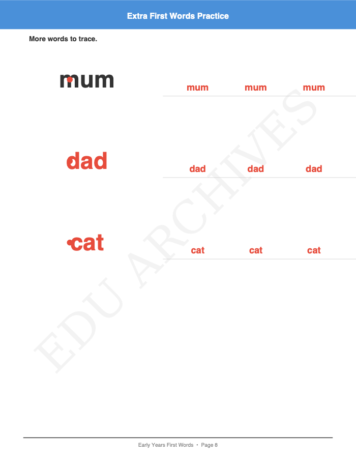 First Words Tracing: First Words Tracing: Page 8: Extra First Words Practice