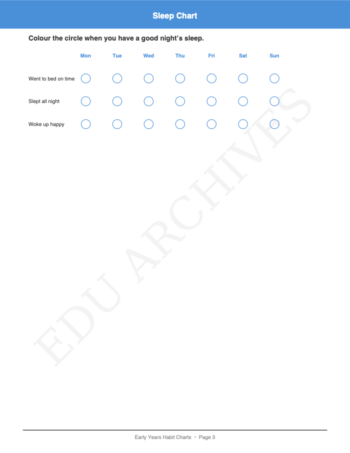Sleep, Exercise and Hygiene Charts: Sleep, Exercise and Hygiene Charts: Page 3: Sleep Chart