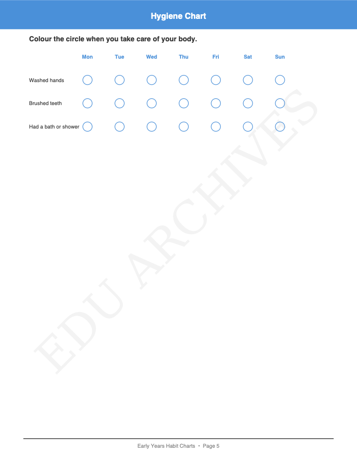 Sleep, Exercise and Hygiene Charts: Sleep, Exercise and Hygiene Charts: Page 5: Hygiene Chart