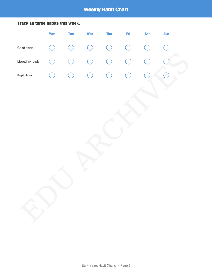 Sleep, Exercise and Hygiene Charts: Sleep, Exercise and Hygiene Charts: Page 6: Weekly Habit Chart