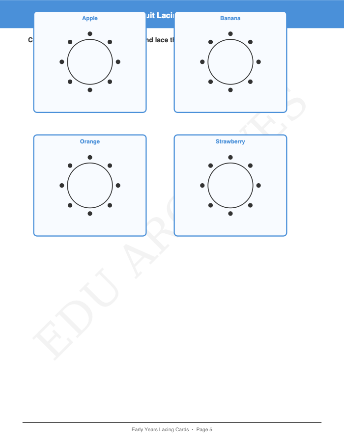 Lacing and Threading Cards: Lacing and Threading Cards: Page 5: Fruit Lacing Cards