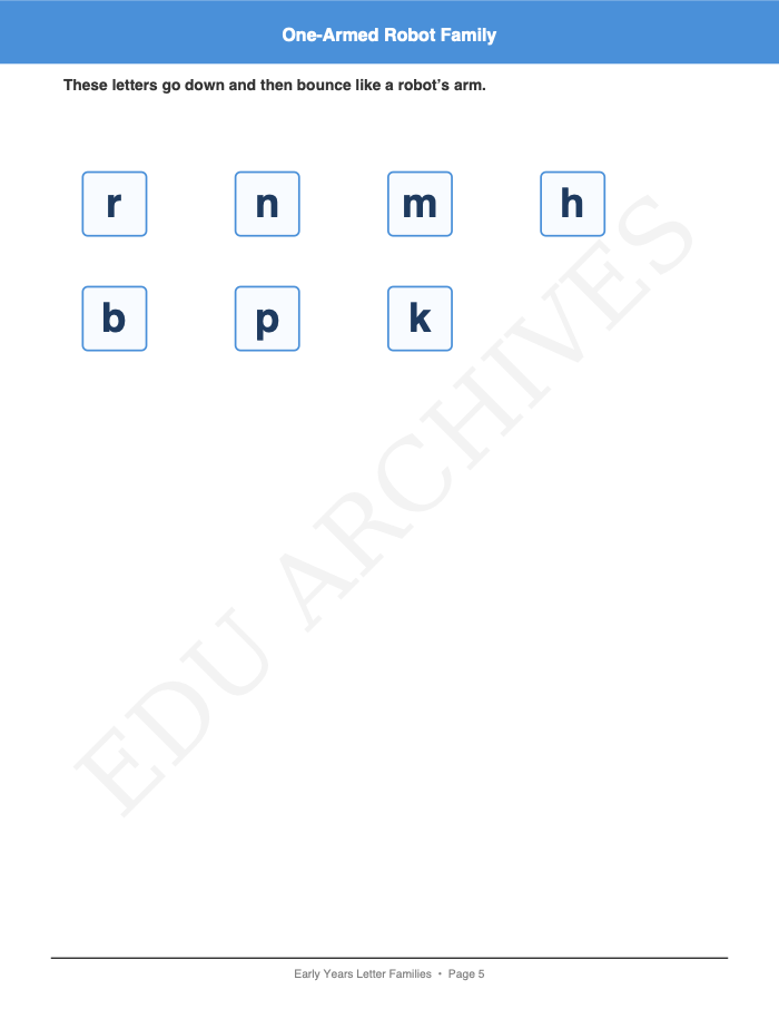 Letter Families: Letter Families: Page 5: One-Armed Robot Family