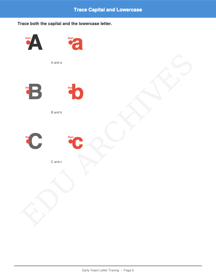 Letter Tracing A–Z with Starting Dots: Letter Tracing A–Z with Starting Dots: Page 5: Trace Capital and Lowercase