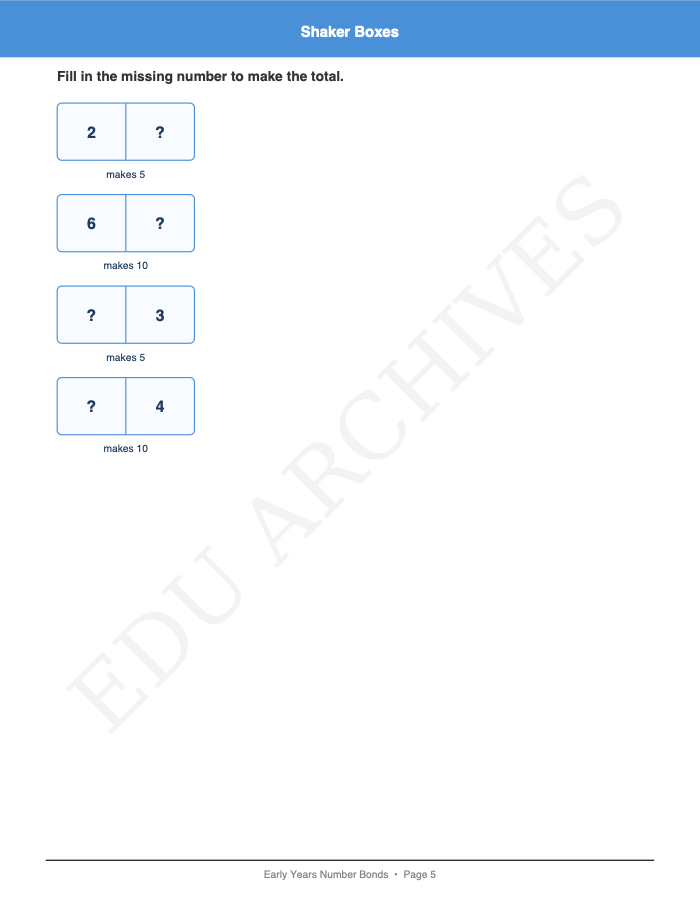 Number Bonds to 5 and 10: Number Bonds to 5 and 10: Page 5: Shaker Boxes