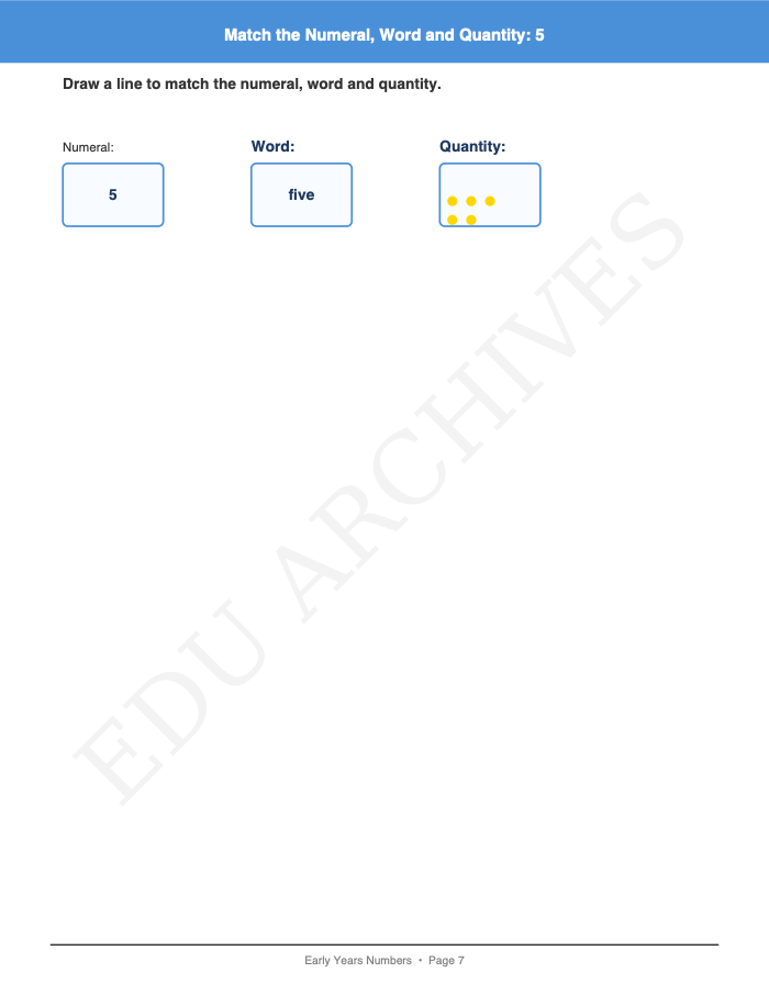 Numerals, Words and Quantity Matching: Numerals, Words and Quantity Matching: Page 7: Match the Numeral, Word and Quantity: 5