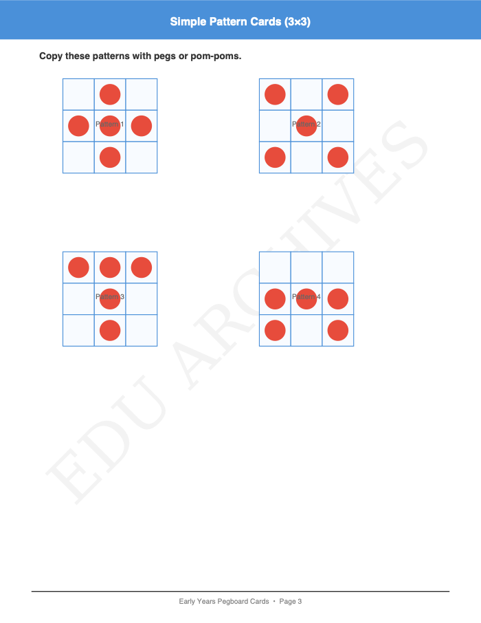 Pegboard and Pom-Pom Pattern Cards: Pegboard and Pom-Pom Pattern Cards: Page 3: Simple Pattern Cards (3×3)