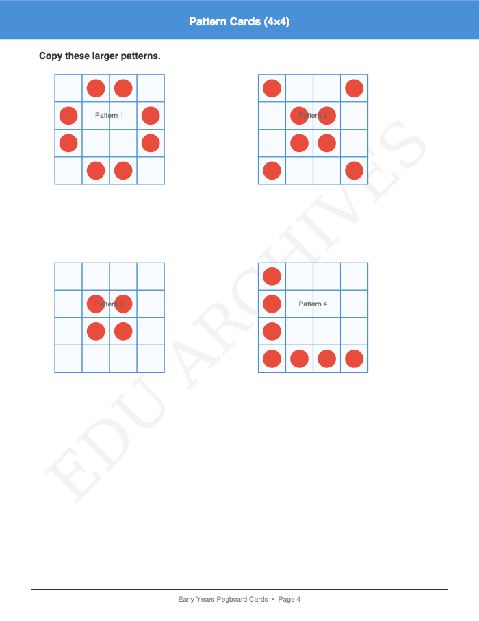 Pegboard and Pom-Pom Pattern Cards: Pegboard and Pom-Pom Pattern Cards: Page 4: Pattern Cards (4×4)