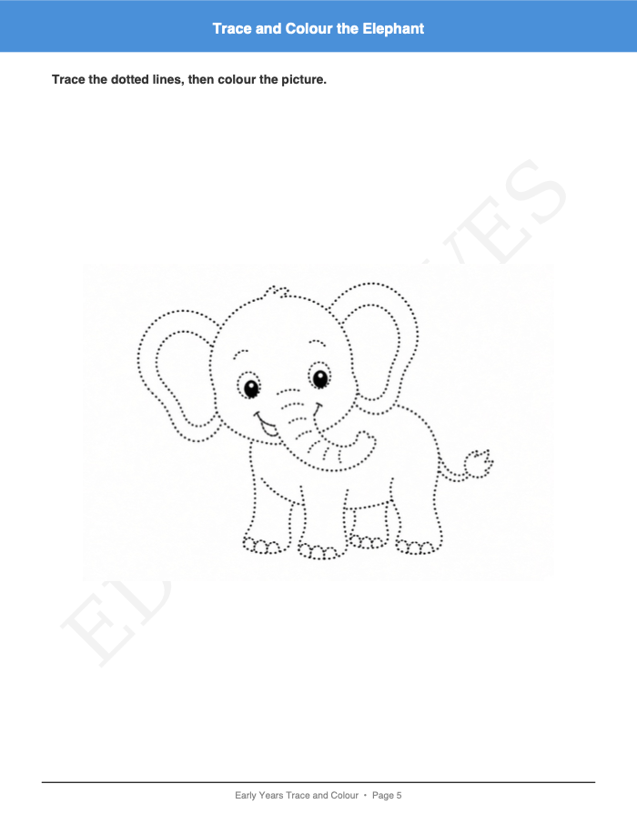 Trace and Colour: Trace and Colour: Page 5: Trace and Colour the Elephant