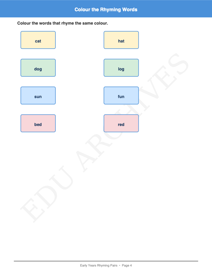 Rhyming Pairs: Rhyming Pairs: Page 4: Colour the Rhyming Words