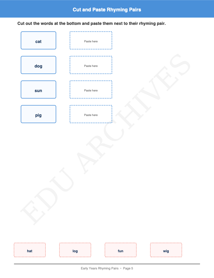 Rhyming Pairs: Rhyming Pairs: Page 5: Cut and Paste Rhyming Pairs