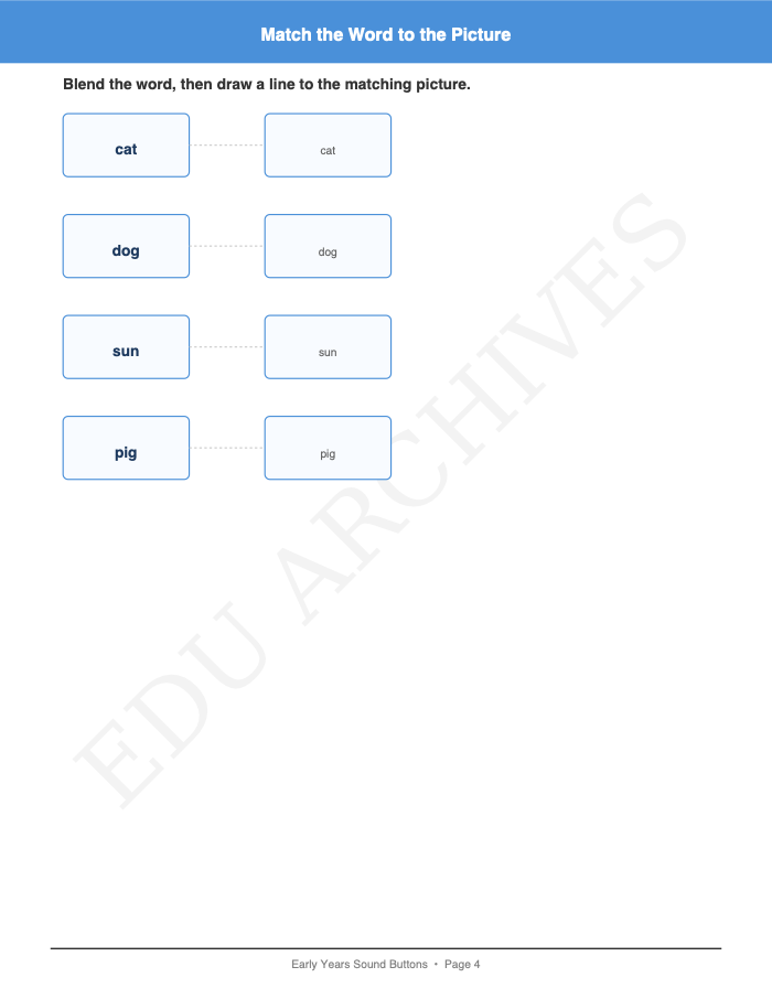 Sound Buttons and Blending: Sound Buttons and Blending: Page 4: Match the Word to the Picture