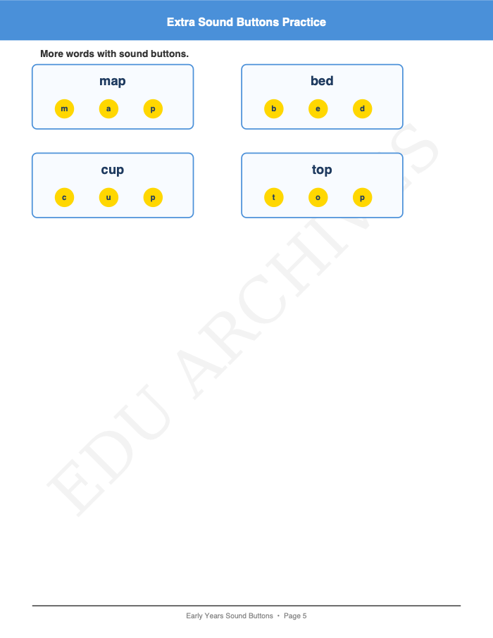 Sound Buttons and Blending: Sound Buttons and Blending: Page 5: Extra Sound Buttons Practice