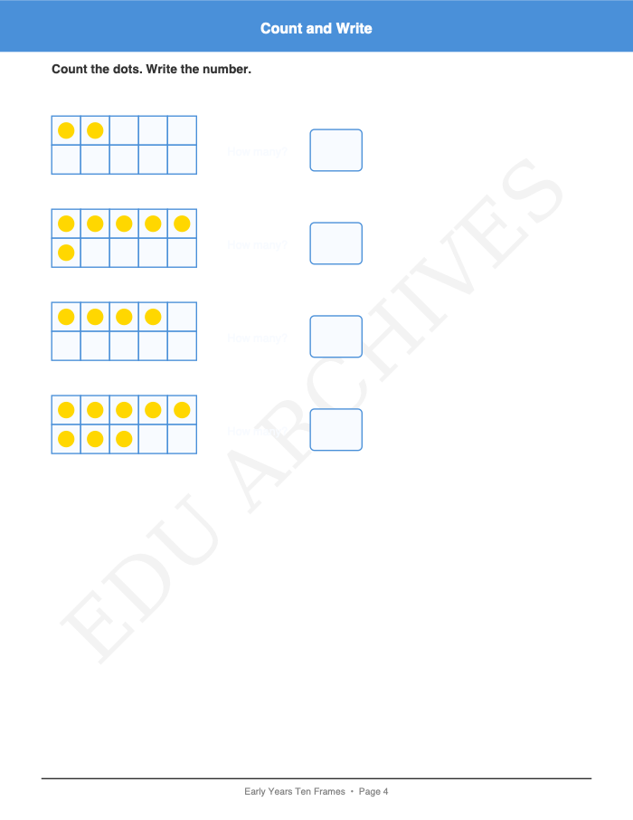 Ten Frames: Ten Frames: Page 4: Count and Write