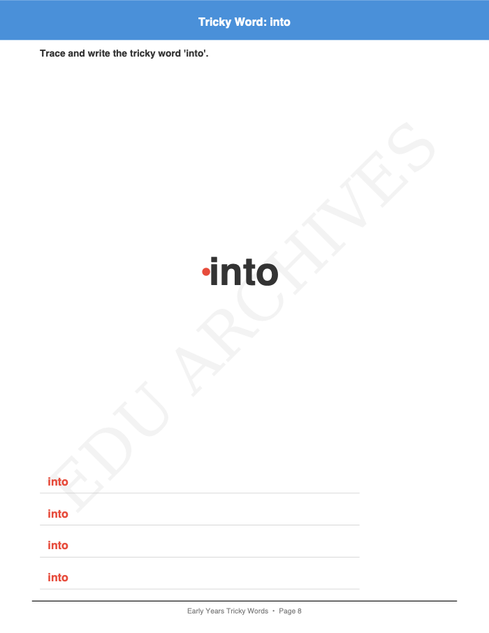 Tricky Words: Phase 2: Tricky Words: Phase 2: Page 8: Tricky Word: into