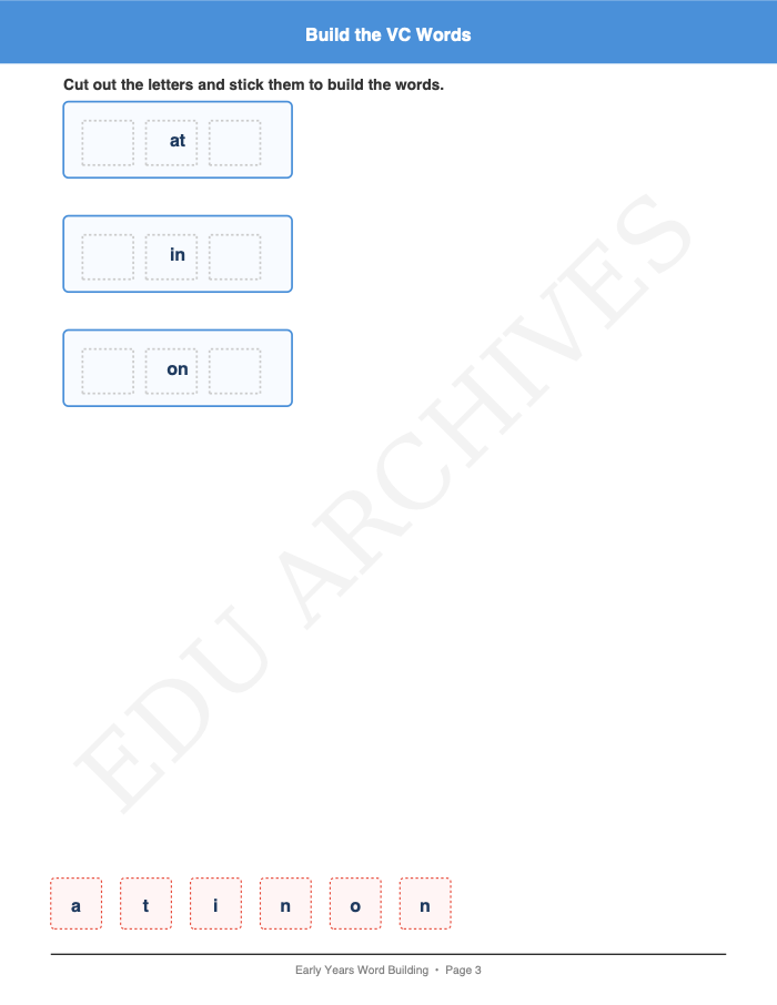 VC and CVC Word Building: VC and CVC Word Building: Page 3: Build the VC Words